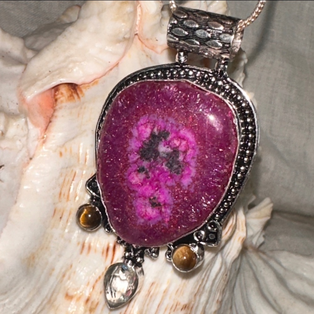 Raspberry Solar Agate + Tigers Eye + White Quartz handcrafted pendant